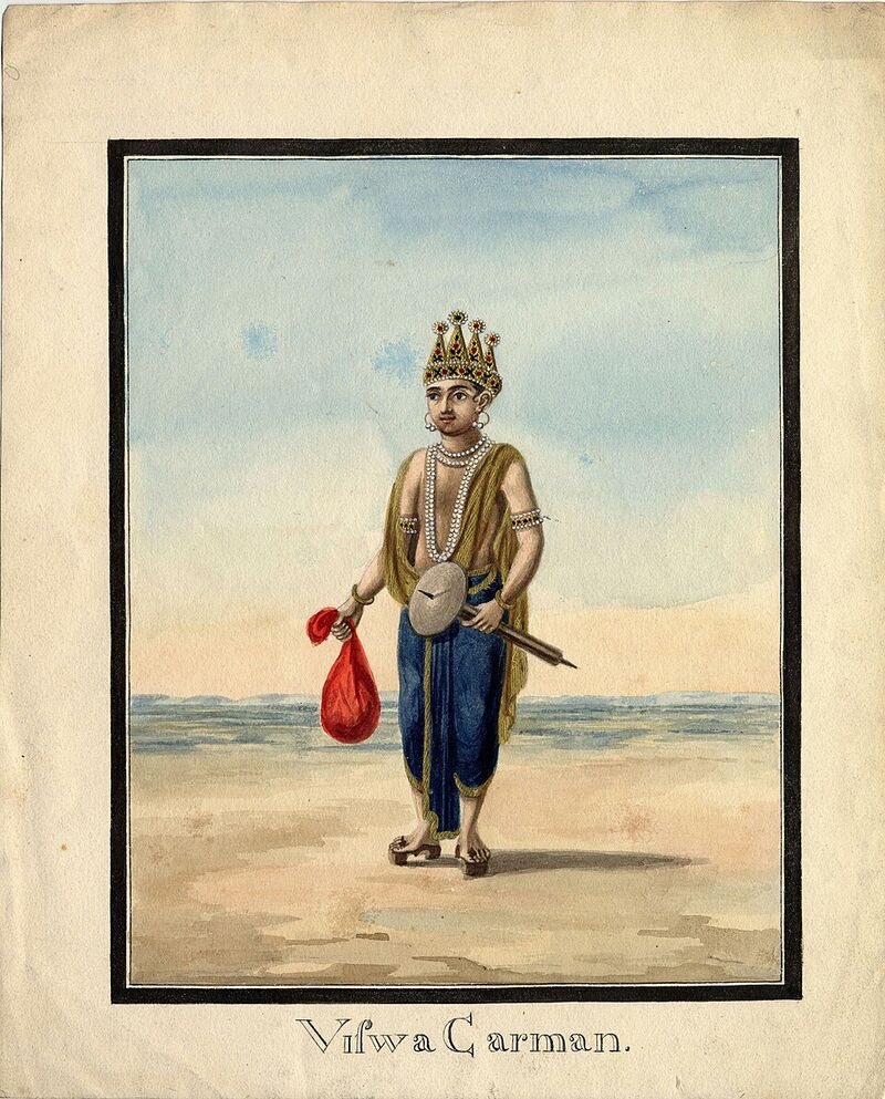 Watercolour of Vishwakarma, crowned, in a blue dhoti and gold shawl, standing on a shore holding a red bag and a tool, inscribed Viswa Carman